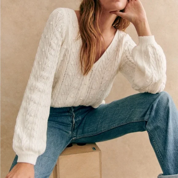Sezane Cream V-Neck Cable Knit Sweater - Picture 5 of 12